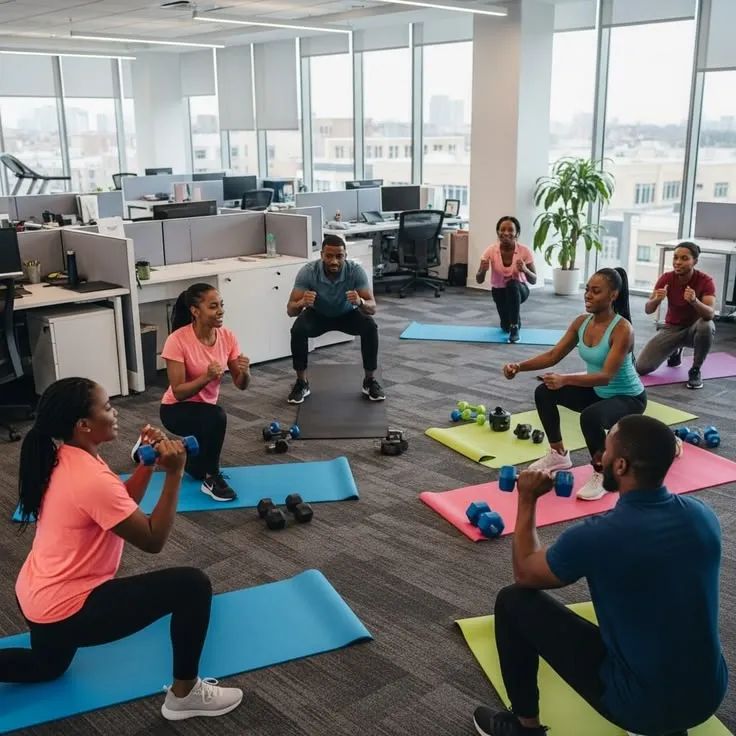 Team members viewing shared workplace wellness metrics together